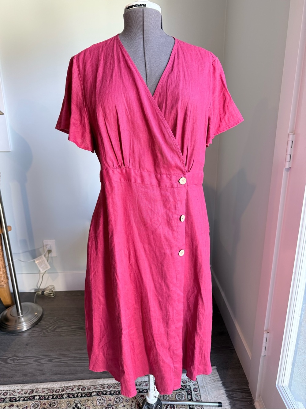 Linen Raspberry Wrap-Style Midi Dress